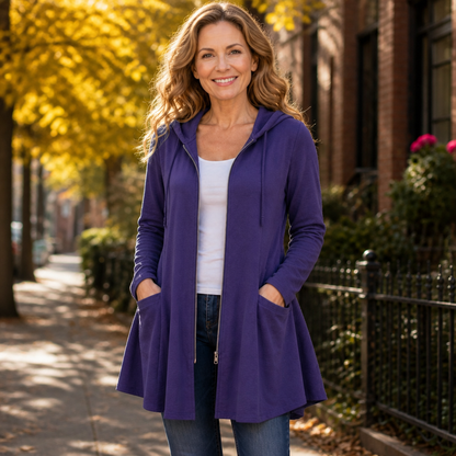 Women's Longline Hooded Fleece-Look Zip Jacket - Purple