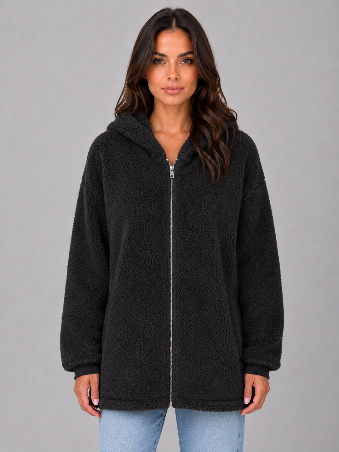 Women's Longline Hooded Teddy Cardigan - Black