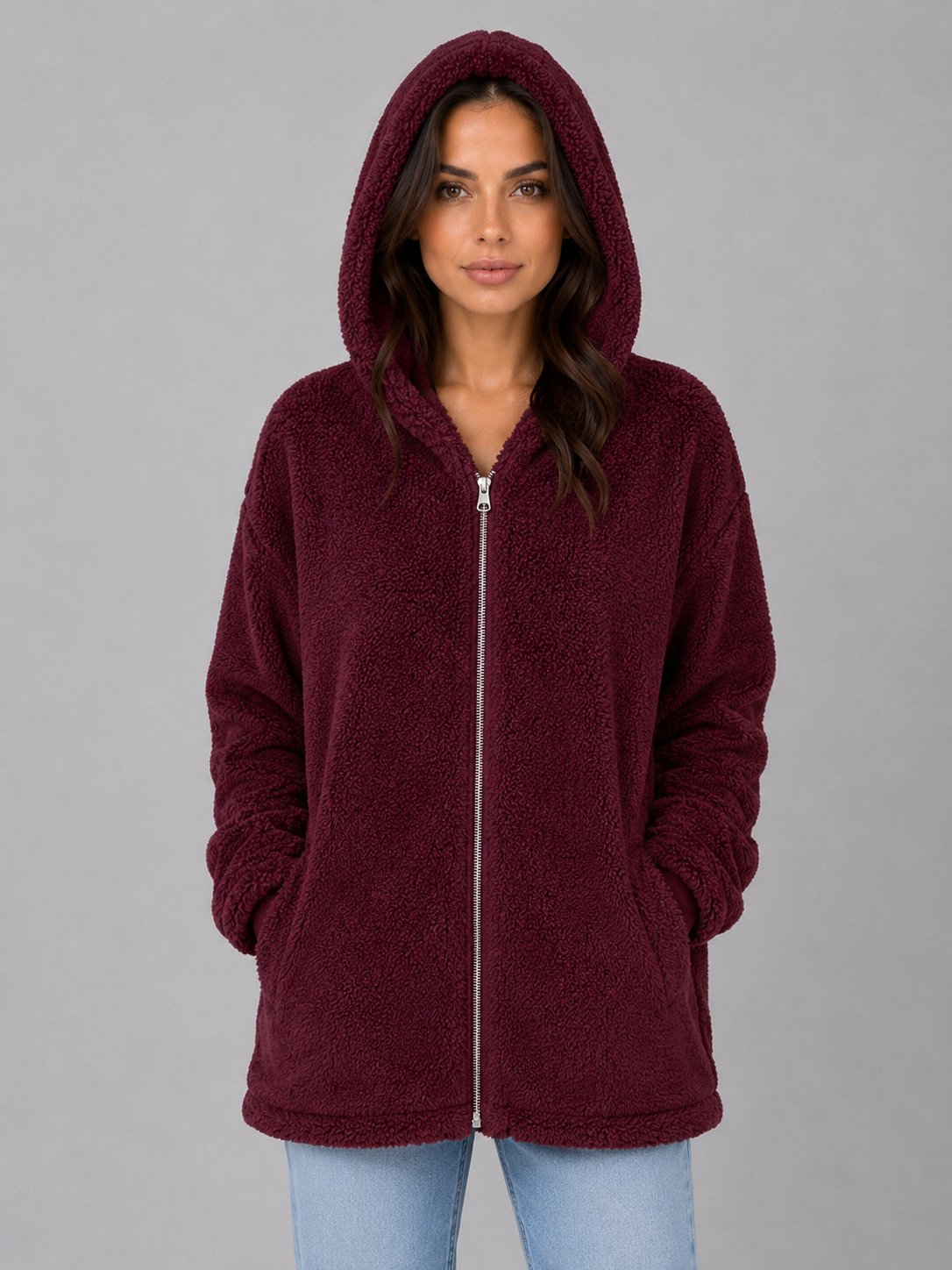 Women's Longline Hooded Teddy Cardigan - Burgundy