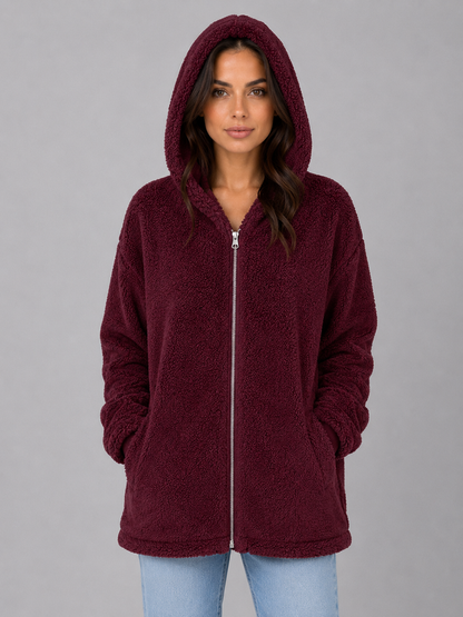 Women's Longline Hooded Teddy Cardigan - Burgundy