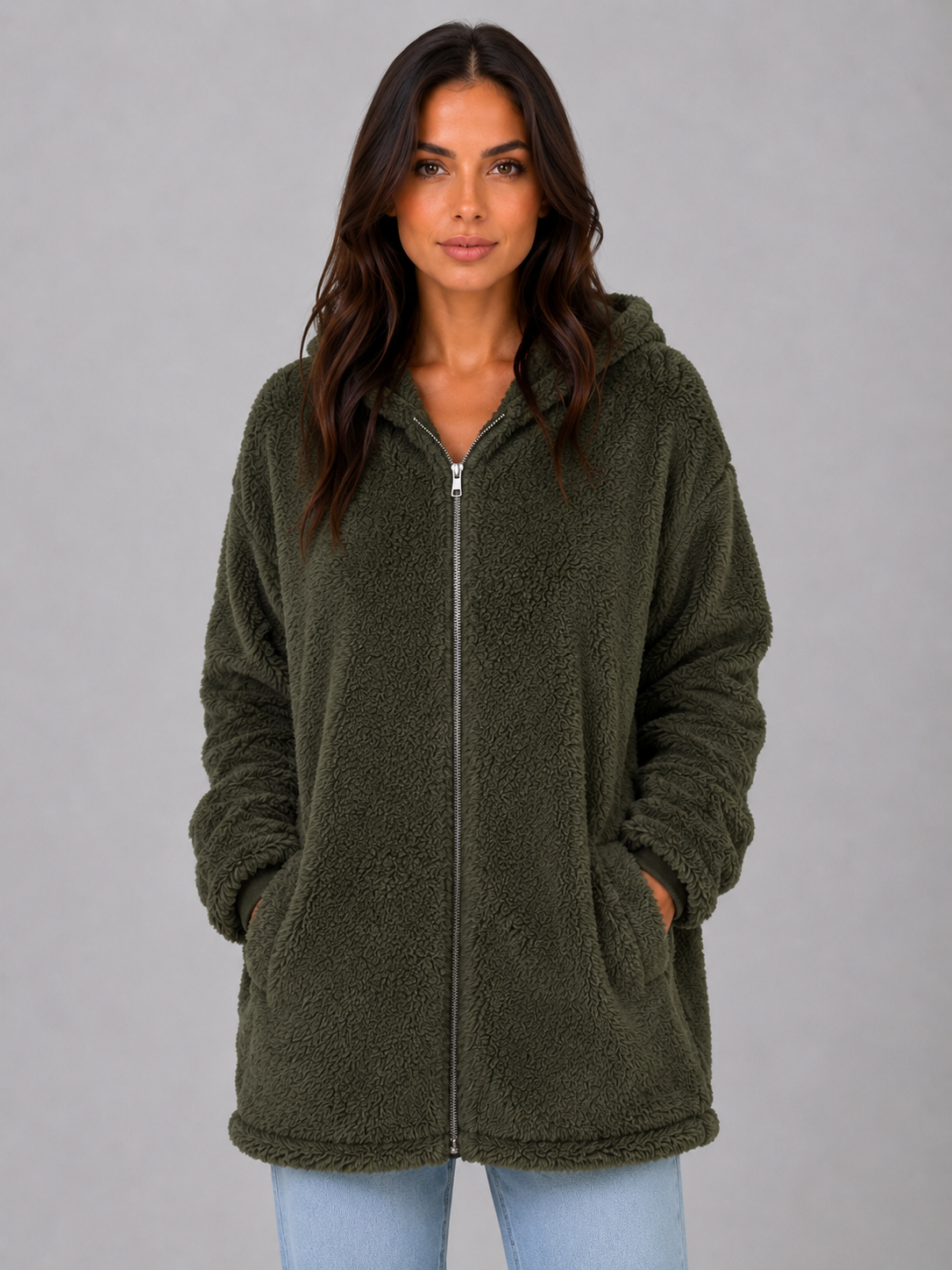 Women's Longline Hooded Teddy Cardigan - Dark Green