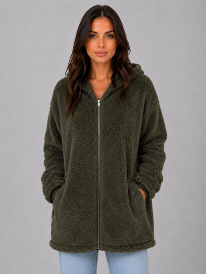 Women's Longline Hooded Teddy Cardigan - Dark Green
