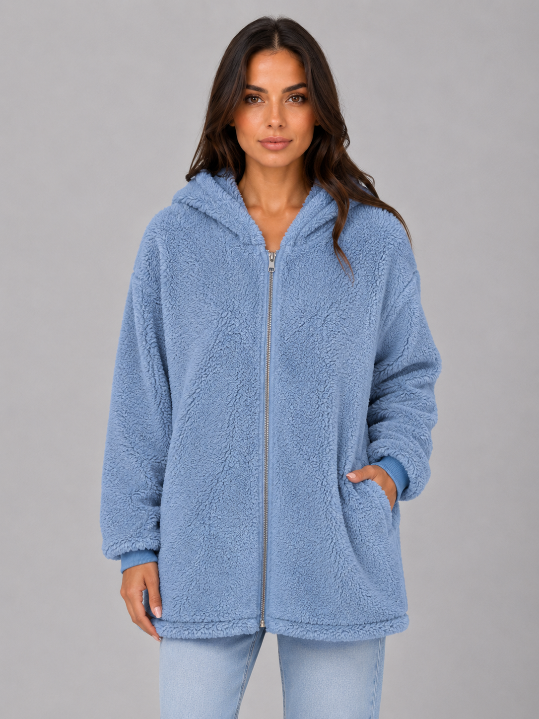 Women's Longline Hooded Teddy Cardigan - Light Blue