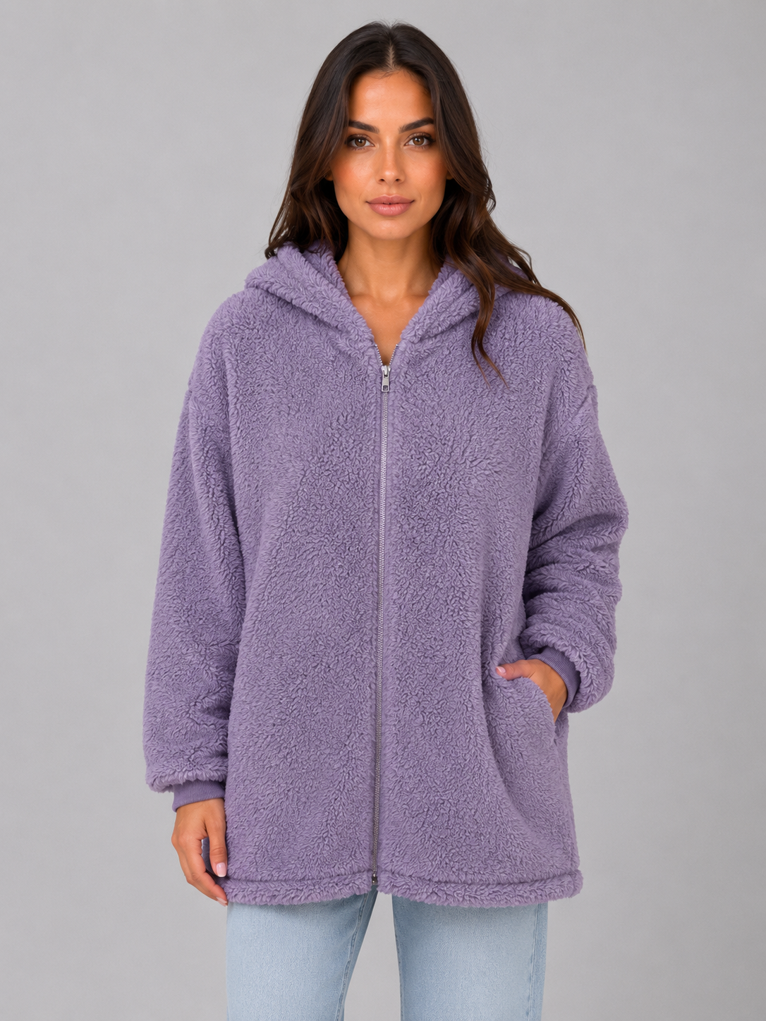 Women's Longline Hooded Teddy Cardigan - Lilac