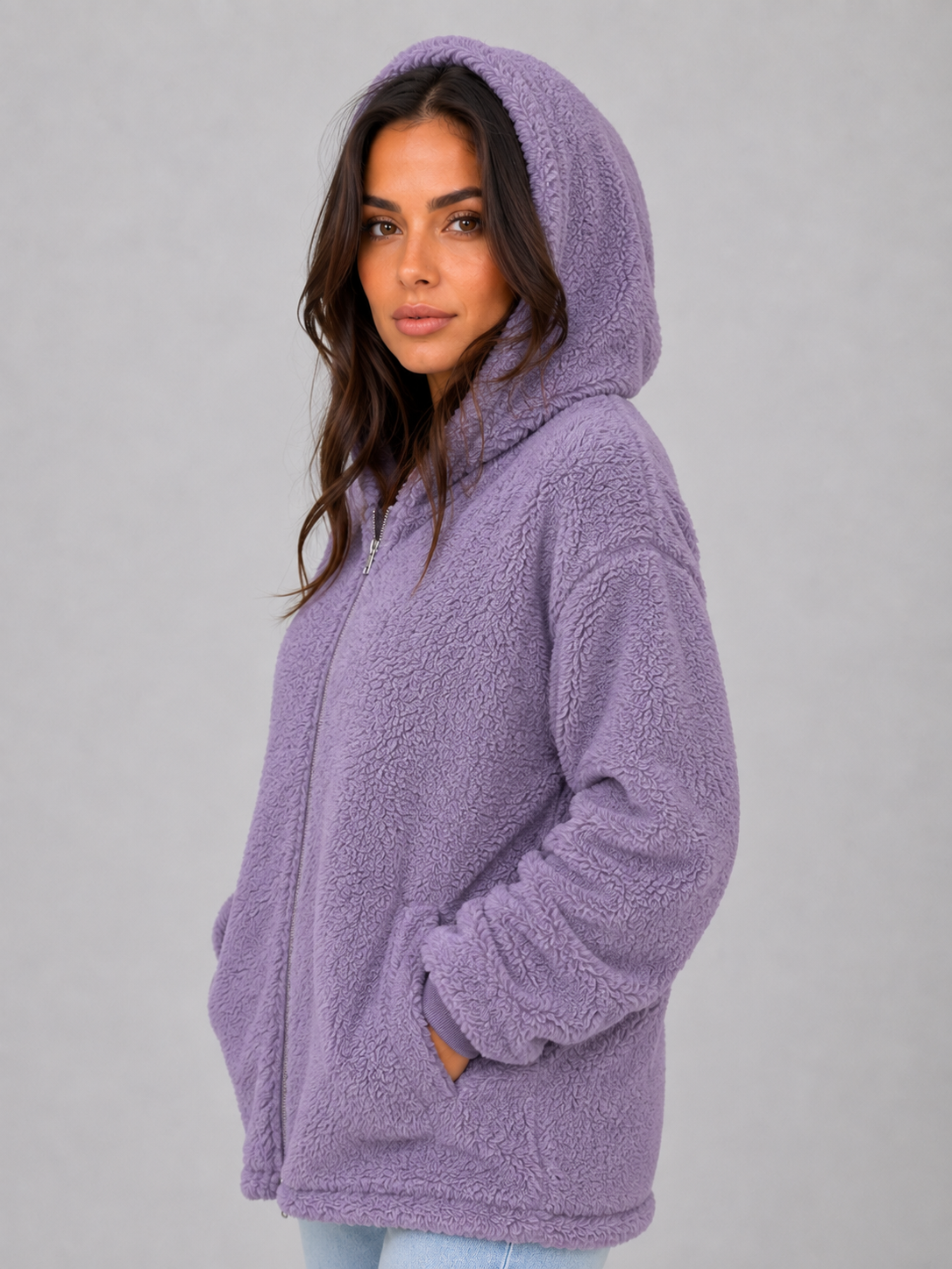 Women's Longline Hooded Teddy Cardigan - Lilac
