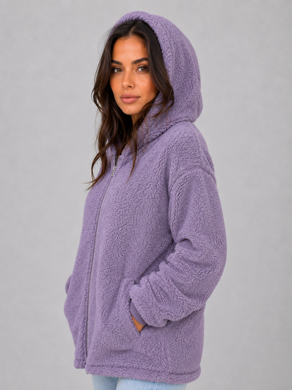 Women's Longline Hooded Teddy Cardigan - Lilac