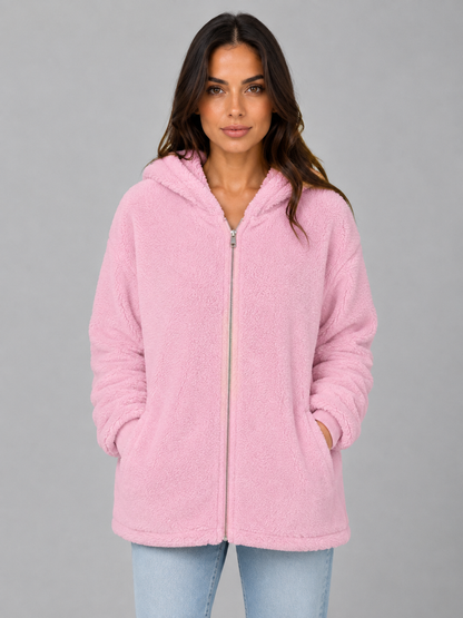 Women's Longline Hooded Teddy Cardigan - Pink