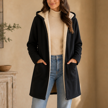 Women's Mid-Length Hooded Faux Fleece-Lined Jacket - Black