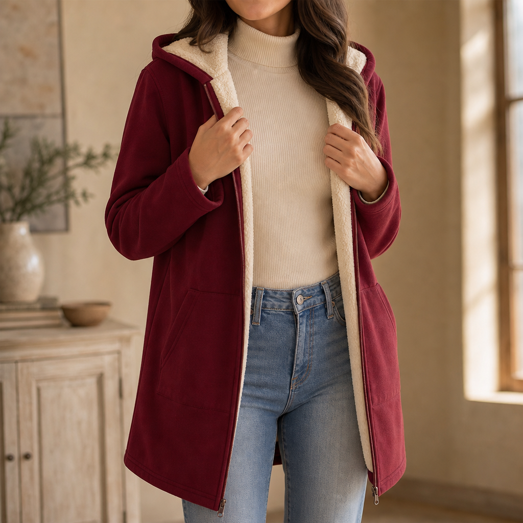 Women's Mid-Length Hooded Faux Fleece-Lined Jacket - Burgundy
