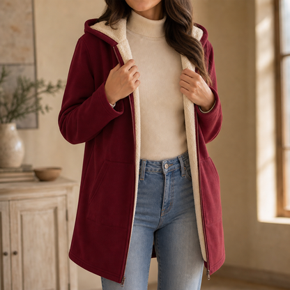 Women's Mid-Length Hooded Faux Fleece-Lined Jacket - Burgundy