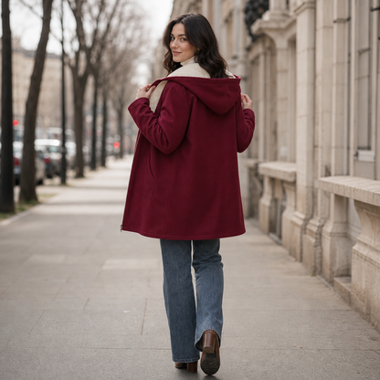 Women's Mid-Length Hooded Faux Fleece-Lined Jacket - Burgundy