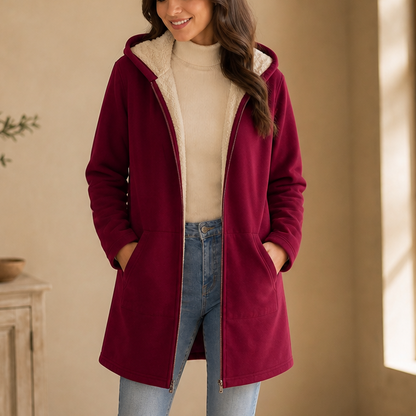 Women's Mid-Length Hooded Faux Fleece-Lined Jacket - Burgundy