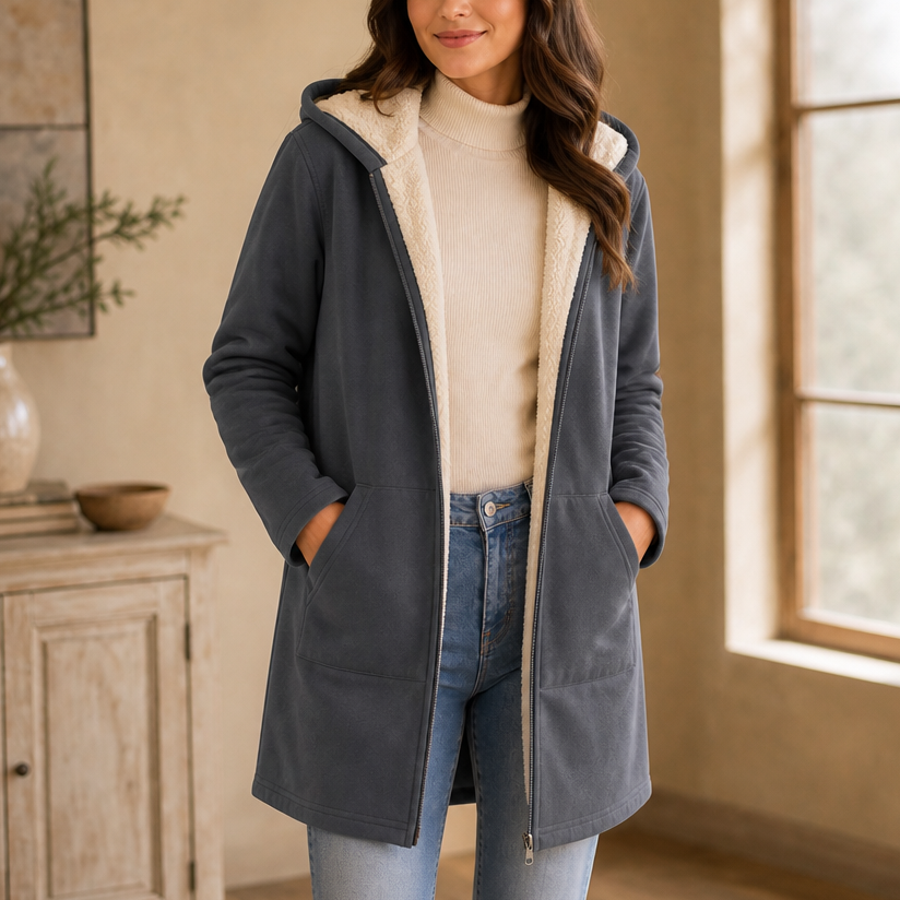 Women's Mid-Length Hooded Faux Fleece-Lined Jacket - Dark Gray