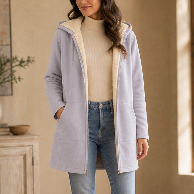 Women's Mid-Length Hooded Faux Fleece-Lined Jacket - Light Gray