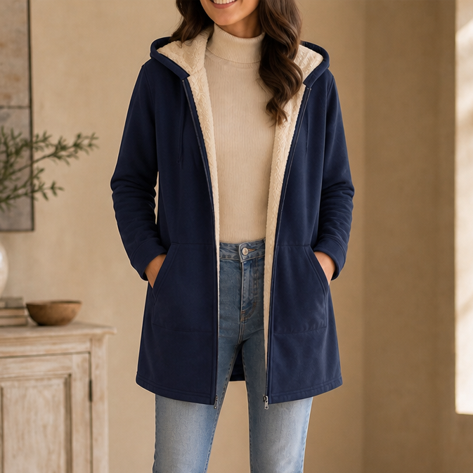 Women's Mid-Length Hooded Faux Fleece-Lined Jacket - Navy Blue