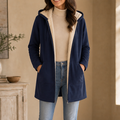 Women's Mid-Length Hooded Faux Fleece-Lined Jacket - Navy Blue