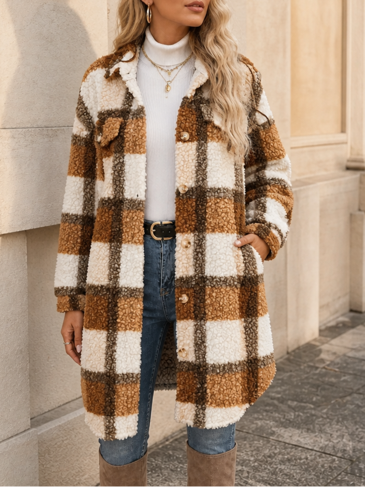 Women's Mid-Length Plaid Sherpa-Lined Coat - Dark Brown