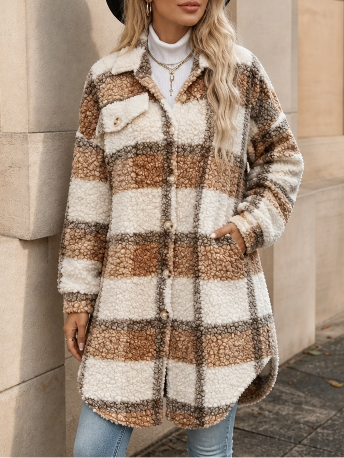 Women's Mid-Length Plaid Sherpa-Lined Coat - Light Brown