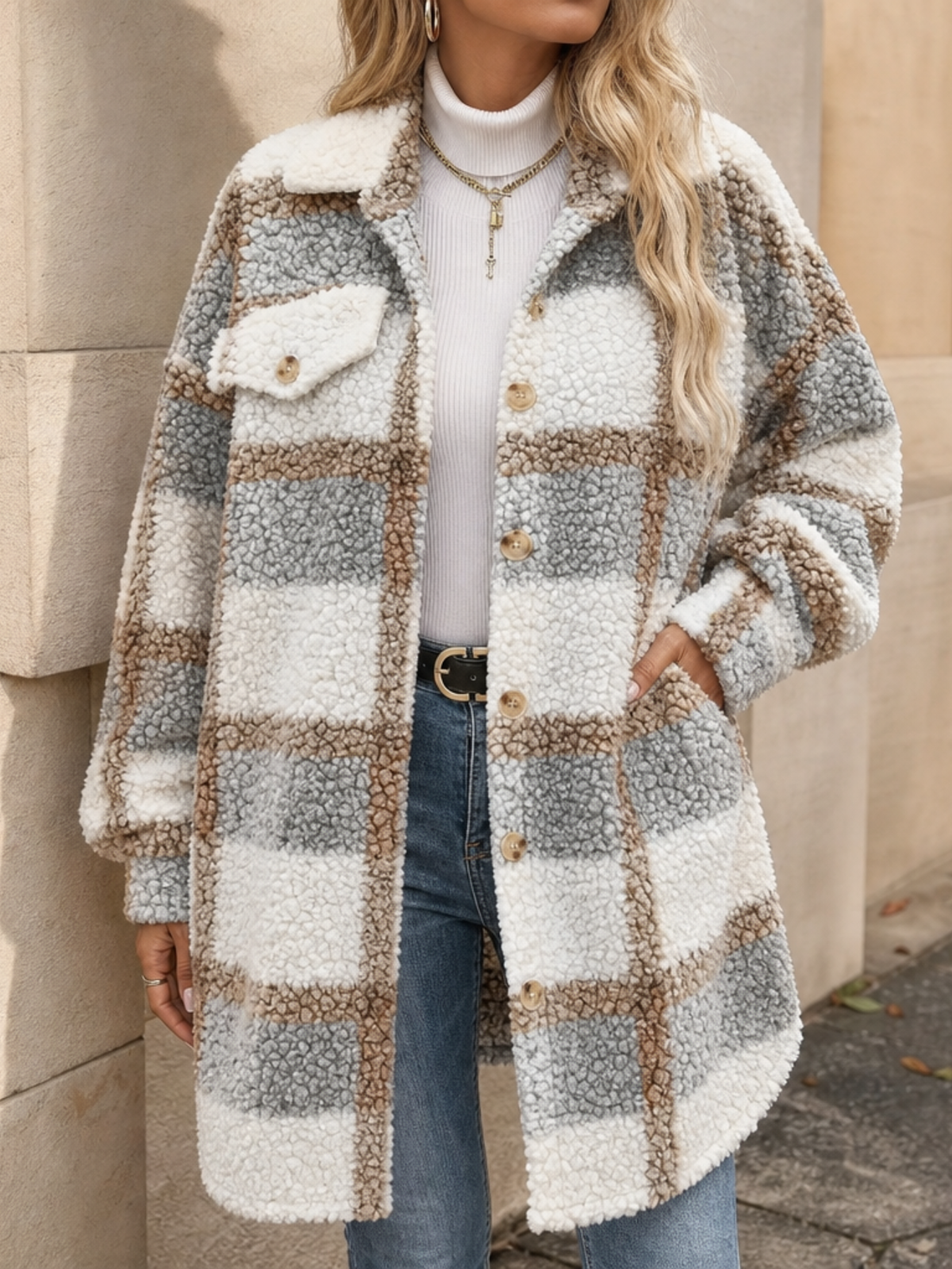 Women's Mid-Length Plaid Sherpa-Lined Coat - Light Gray