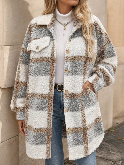 Women's Mid-Length Plaid Sherpa-Lined Coat - Light Gray