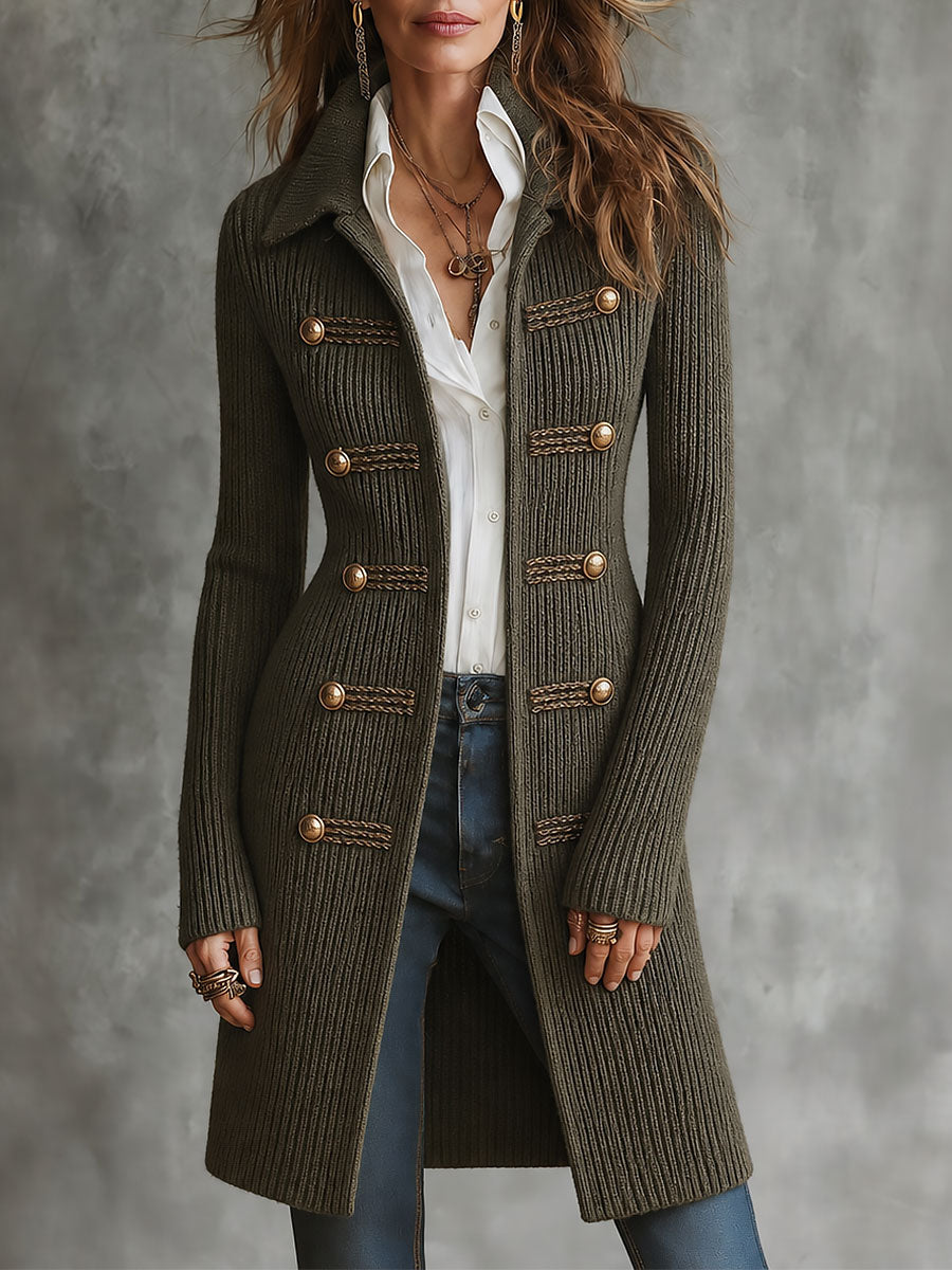 Women's Military Braided Trim Long Cardigan - Army Green