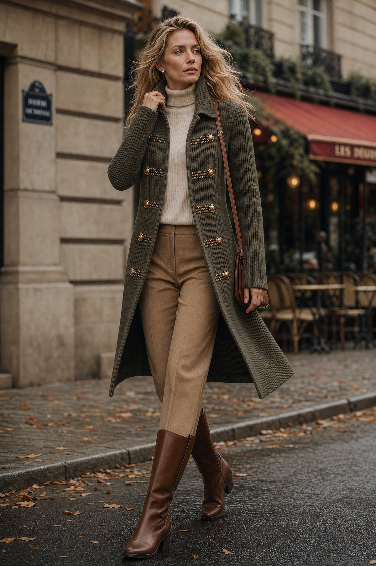 Women's Military Braided Trim Long Cardigan - Army Green