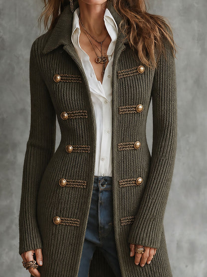 Women's Military Braided Trim Long Cardigan - Army Green