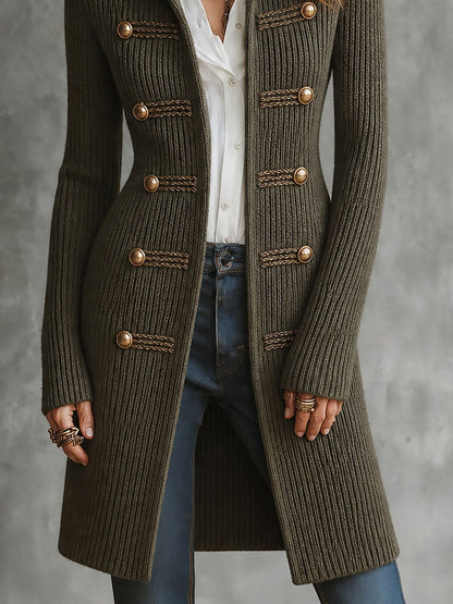 Women's Military Braided Trim Long Cardigan - Army Green