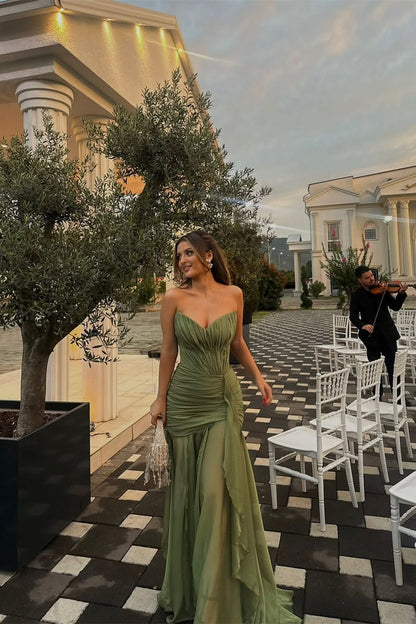 Women's Moss Green Ruched Chiffon Floor-Length Prom Dress - Moss Green