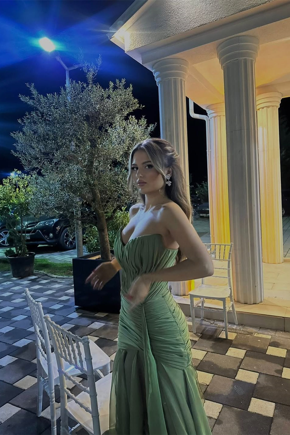 Women's Moss Green Ruched Chiffon Floor-Length Prom Dress - Moss Green