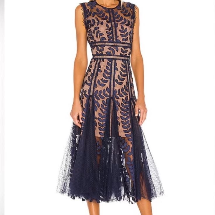 Women's Navy and Cream Embroidered Mesh Midi Dress - Navy and Cream