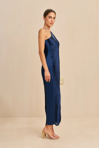 Women's Navy Blue Halter Satin Formal Maxi Dress - Navy Blue