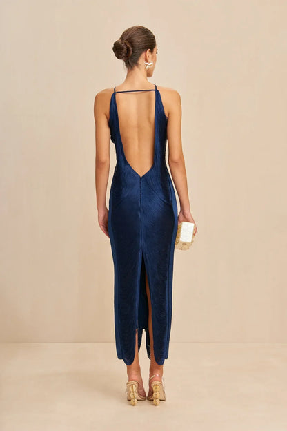 Women's Navy Blue Halter Satin Formal Maxi Dress - Navy Blue