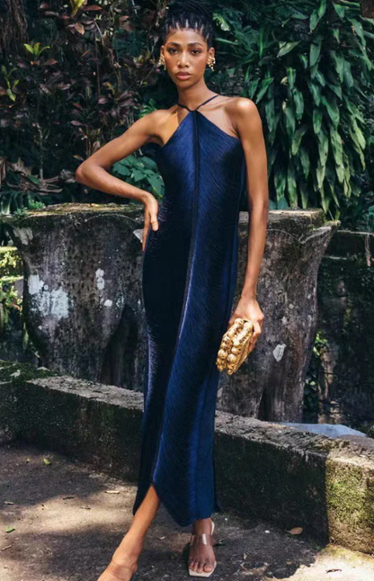 Women's Navy Blue Halter Satin Formal Maxi Dress - Navy Blue