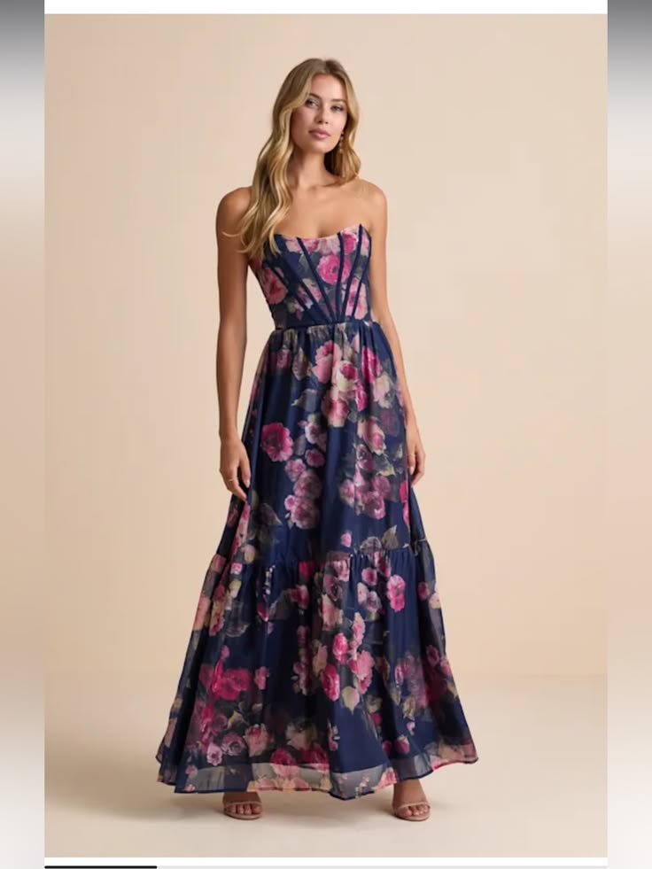 Women's Navy Floral Bustier Formal Maxi Dress - Navy Floral