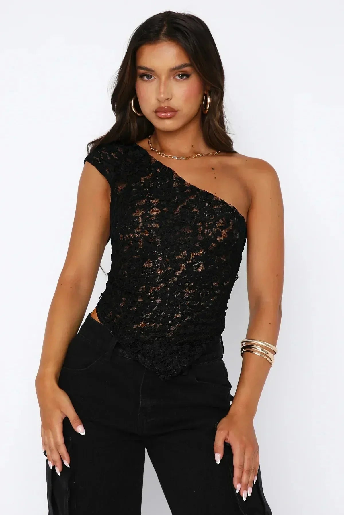 Women's Night Out One Shoulder Lace Top - Black