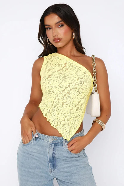 Women's Night Out One Shoulder Lace Top - Lemon Yellow
