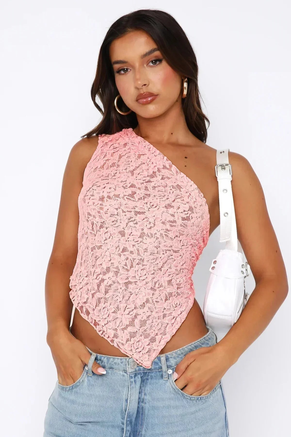 Women's Night Out One Shoulder Lace Top - Pink