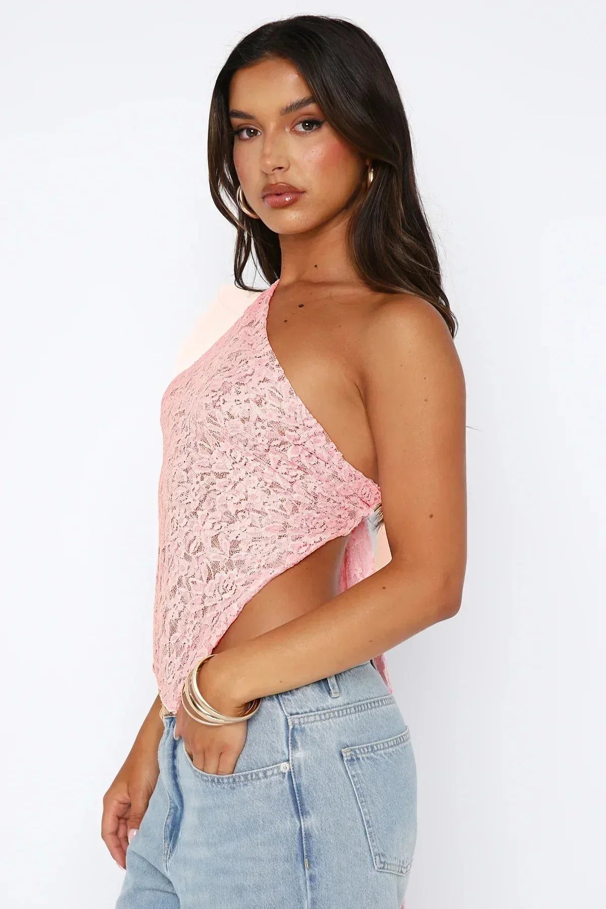 Women's Night Out One Shoulder Lace Top - Pink