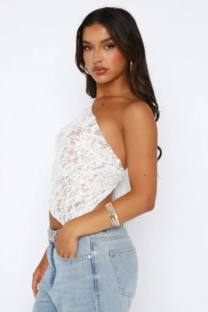 Women's Night Out One Shoulder Lace Top - White