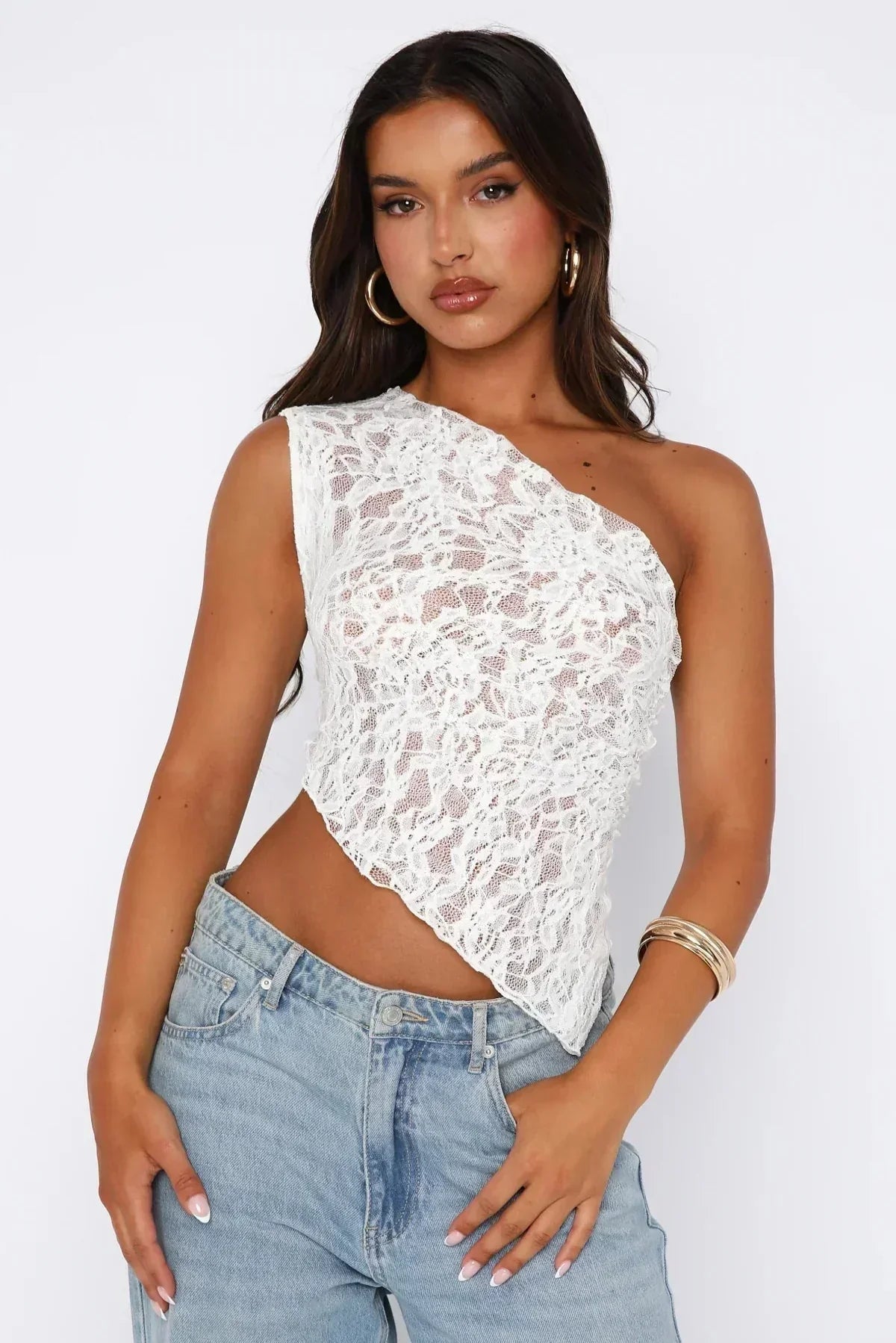 Women's Night Out One Shoulder Lace Top - White