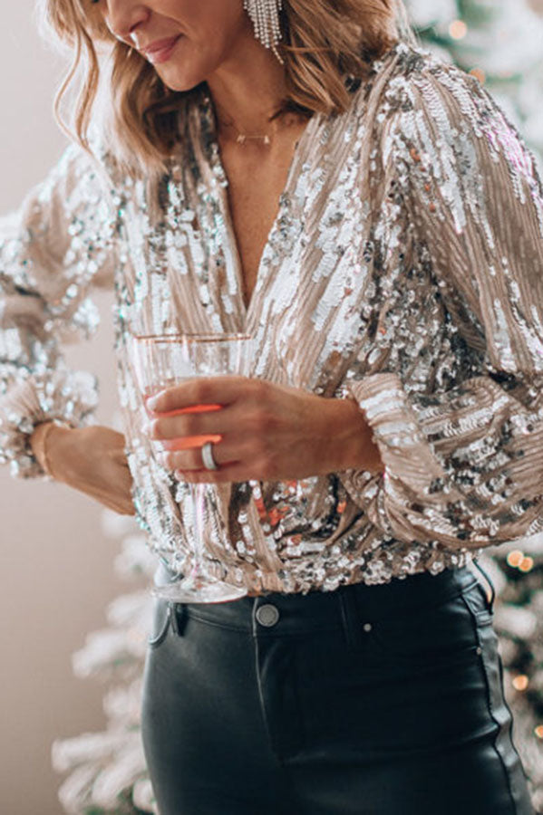 Women's Night Out Silver Sequin Wrap Top with Long Sleeves - Silver