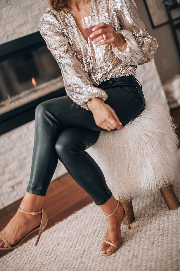 Women's Night Out Silver Sequin Wrap Top with Long Sleeves - Silver