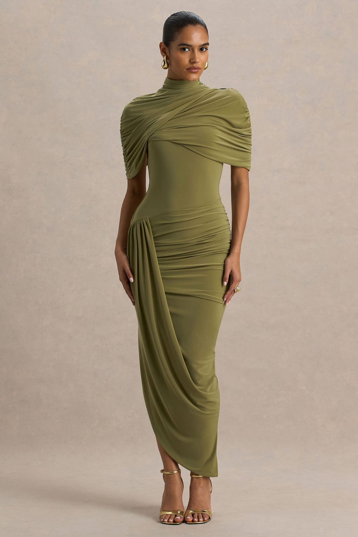 Women's Olive Draped Cape Midi Dress - Olive