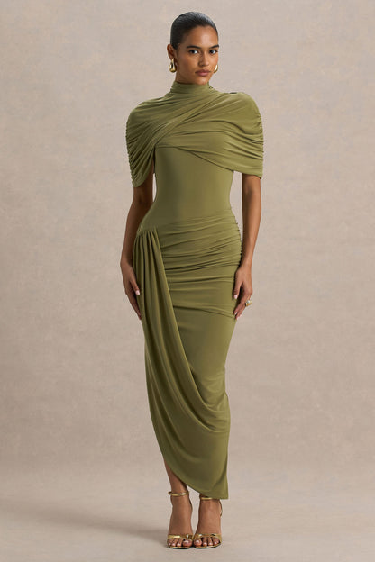 Women's Olive Draped Cape Midi Dress - Olive