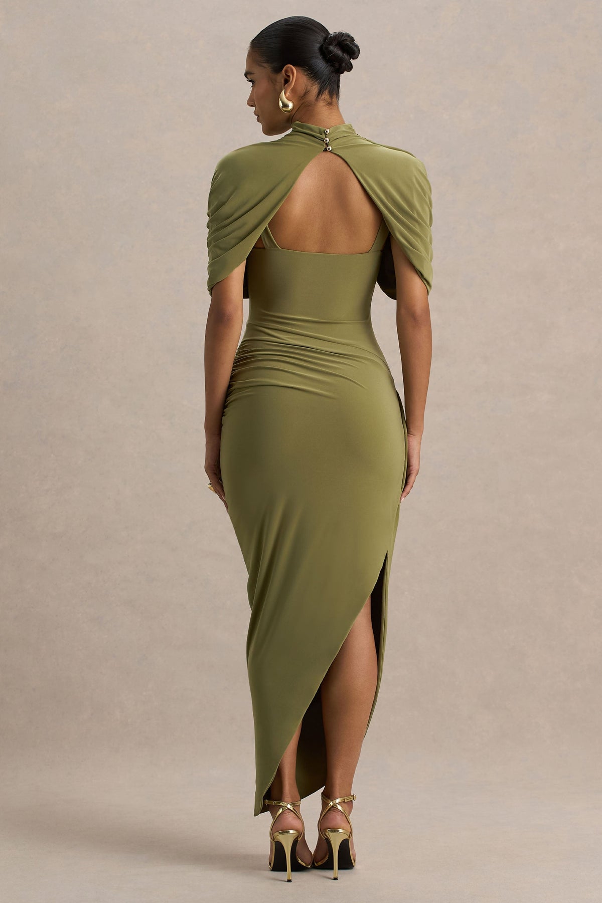 Women's Olive Draped Cape Midi Dress - Olive