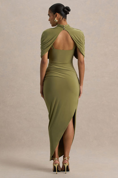 Women's Olive Draped Cape Midi Dress - Olive