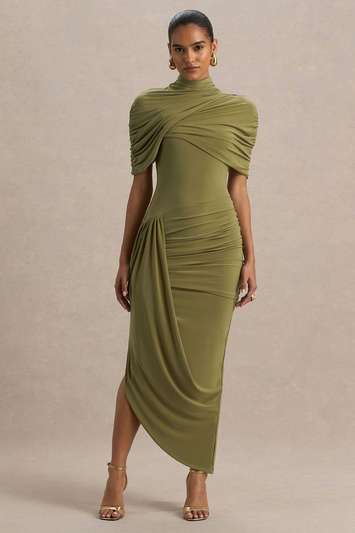 Women's Olive Draped Cape Midi Dress - Olive