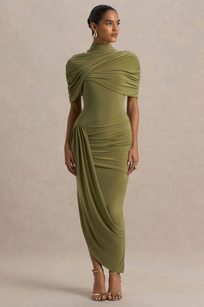 Women's Olive Draped Cape Midi Dress - Olive