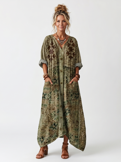 Women's Olive Floral Button-Front Maxi Dress - Olive Green Floral